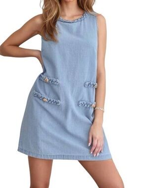 ENTRO lune braided detailed sleeveless sheath dress in light denim medium